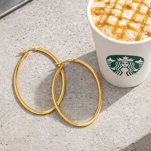 18K Gold Plated Stainless Steel Oval Hoop Earrings Large Minimalist Hypoallergen